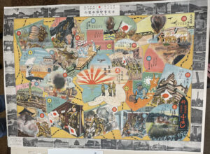 A game board with a combination of colorful illustrations of major incidents and battles, plus black and white photographs of sites and landmarks.