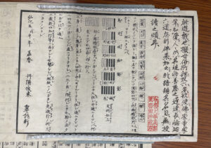 A page with black vertical text showing furigana to aid pronunciation